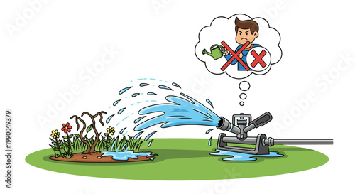 Inefficient Sprinkler Watering Cartoon Concept: Poor Irrigation Methods, Wasteful Water Use, with Angry Character Suggesting No Watering Can, Isolated on transparent background