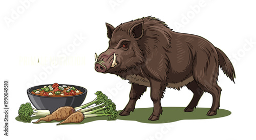 Wild Boar with Paleo Meal, Primal Diet, Cartoon Vector Illustration for Healthy Lifestyle and Nutrition Concepts isolated on transparent background.