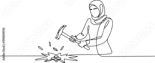 young Arab female worker digging treasure on the street with hammer. Getting a new business idea minimalist concept. one line art icon drawing vector