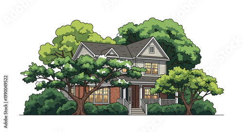 Cartoon House Surrounded by Trees, Suburban Dream Home Vector, Isolated on transparent background. Modern Architecture, Real Estate Icon, Cottagecore Illustration