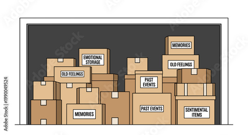 Cartoon Boxes of Memories, Old Feelings, Past Events and Sentimental Items, Emotional Baggage Concept Illustration isolated on transparent background, Psychological Illustration.