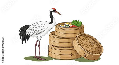 Elegant Crane with Steaming Dim Sum: Symbol of Longevity & Good Fortune, Asian Cuisine Graphic element isolated on transparent background, Vector illustration