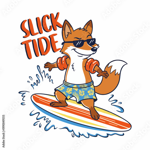Cartoon Fox Wearing Sunglasses Surfing.