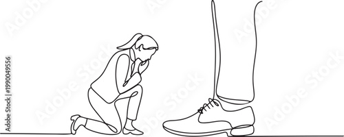 Continuous one line drawing businesswoman kneeling a giant foot or shoe. Female manager apologize to executive director. one line art icon drawing vector
