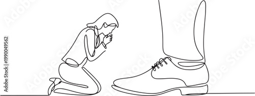 Continuous one line drawing businesswoman kneeling a giant foot or shoe. Female manager apologize to executive director. one line art icon drawing vector