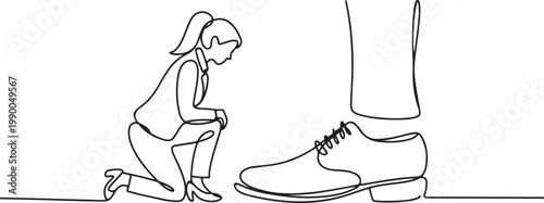 Continuous one line drawing businesswoman kneeling a giant foot or shoe. Female manager apologize to executive director. one line art icon drawing vector