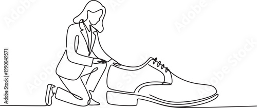 Continuous one line drawing businesswoman kneeling a giant foot or shoe. Female manager apologize to executive director. one line art icon drawing vector