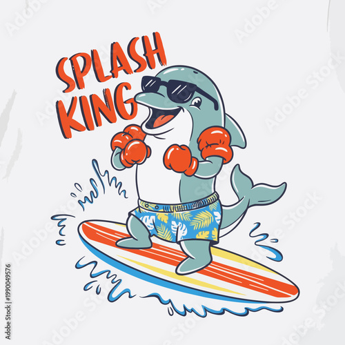 Cartoon shark on surfboard wearing sunglasses.