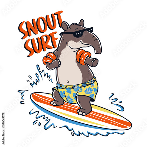 Cartoon Tapir Wearing Sunglasses Surfing.