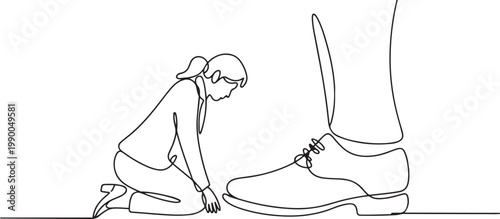 Continuous one line drawing businesswoman kneeling a giant foot or shoe. Female manager apologize to executive director. one line art icon drawing vector