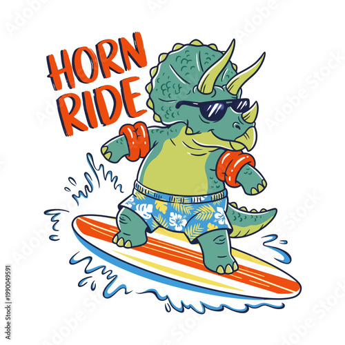Dinosaur Wearing Sunglasses Riding Surfboard.