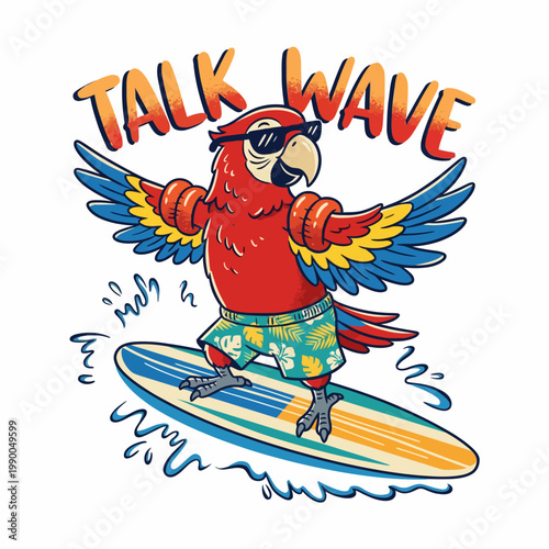 Colorful Parrot on Surfboard Riding Wave.