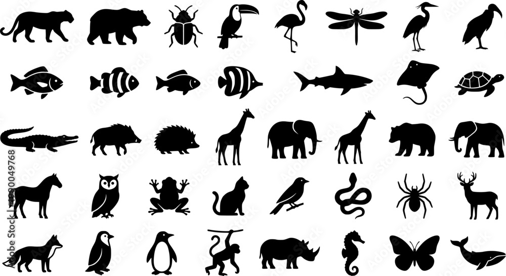 Fototapeta premium Collection of black silhouette animal illustrations depicting wildlife creatures for nature or education projects.