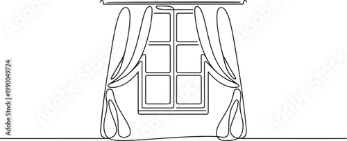 window with curtains. Single line drawing illustration of windows living room with fabric. one line art icon drawing vector