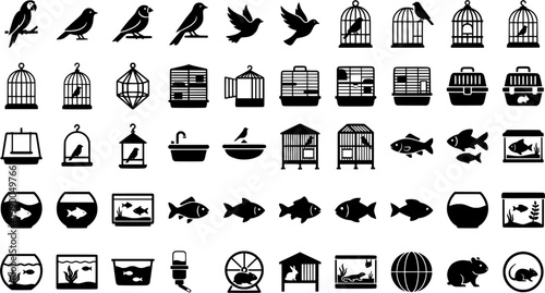Pet Icons: Fishbowl Birdcage Parrot Perching Vector Art Isolated on white background
