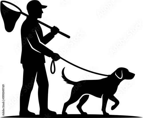 Black silhouette of animal control officer with dog and net leash
