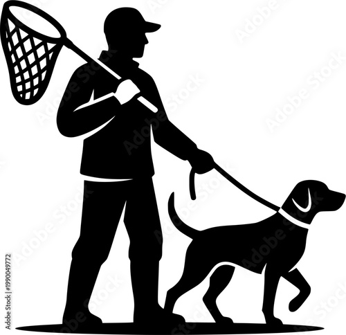Black silhouette of animal control officer with dog and net leash
