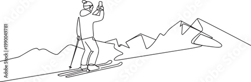 A skier stands at the edge of a slope. A skier takes pictures of a mountain landscape on his phone. one line art icon drawing vector