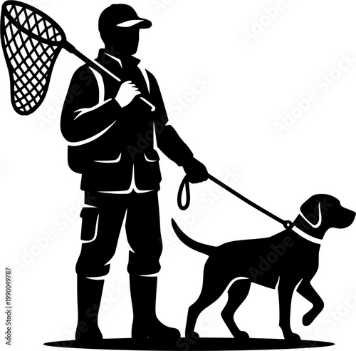 Black silhouette of animal control officer with dog and net leash
