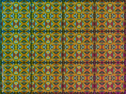 Wavy lines and vibrant colors form a symmetrical grid pattern with repeating abstract shapes creating a sense of movement and energy through the entire visual arrangement