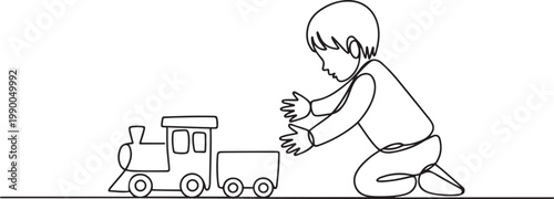 child playing toy train. Children playing with toys concept. one line art icon drawing vector