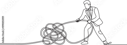 Cartoon of businessman try to unraveling tangled rope concept of solution and problem solving. one line art icon drawing vector