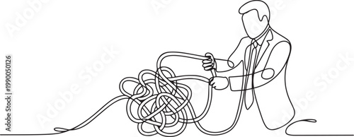 Cartoon of businessman try to unraveling tangled rope concept of solution and problem solving. one line art icon drawing vector