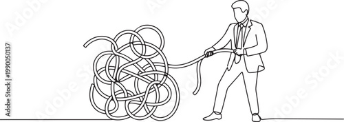 Cartoon of businessman try to unraveling tangled rope concept of solution and problem solving. one line art icon drawing vector