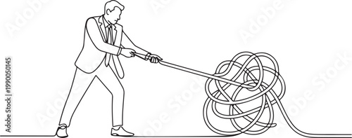 Cartoon of businessman try to unraveling tangled rope concept of solution and problem solving. one line art icon drawing vector