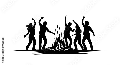 People Dancing Around Bonfire Silhouette