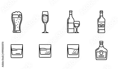 Alcohol beverage icons set vector thin line beer wine whiskey champagne glass and bottle pictograms isolated white background