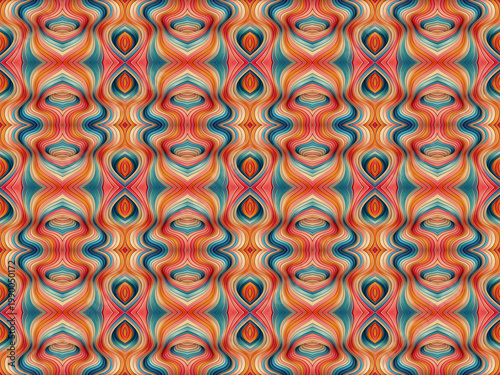Wavy lines and vibrant colors create a symmetrical abstract pattern with repeating shapes giving a sense of movement and energy throughout the visual composition