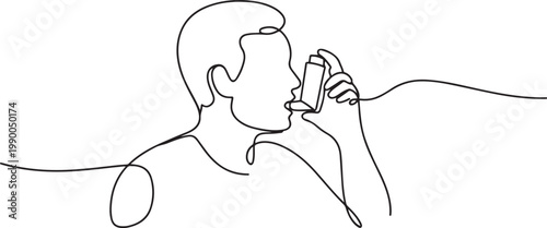 The man has asthma. Inhaler to relieve symptoms of choking. one line art icon drawing vector