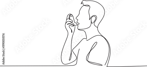The man has asthma. Inhaler to relieve symptoms of choking. one line art icon drawing vector