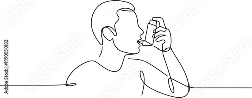 The man has asthma. Inhaler to relieve symptoms of choking. one line art icon drawing vector