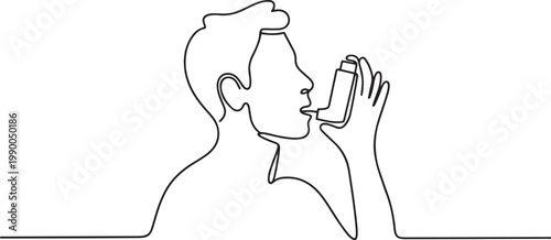 The man has asthma. Inhaler to relieve symptoms of choking. one line art icon drawing vector