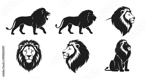 Powerful set of black lion vector silhouettes in various dynamic poses and expressions, perfect for emblem design, wildlife themes, and strength symbolism