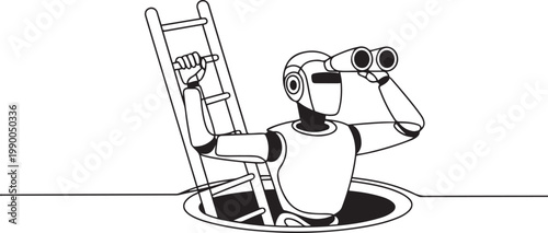 robot climbs out of the hole by ladder and using binocular. Robotics artificial intelligence technology. Electronic technology. one line art icon drawing vector