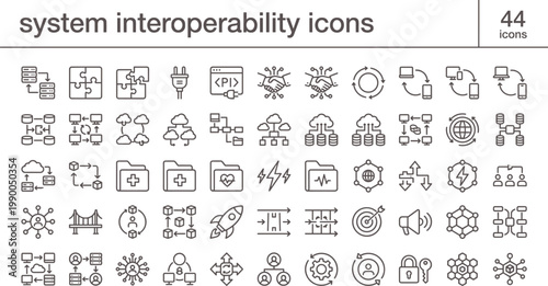 фотографія System interoperability icons in modern outline style for API integration data e
