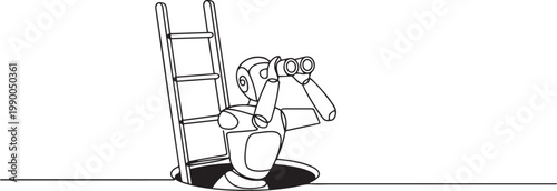robot climbs out of the hole by ladder and using binocular. Robotics artificial intelligence technology. Electronic technology. one line art icon drawing vector