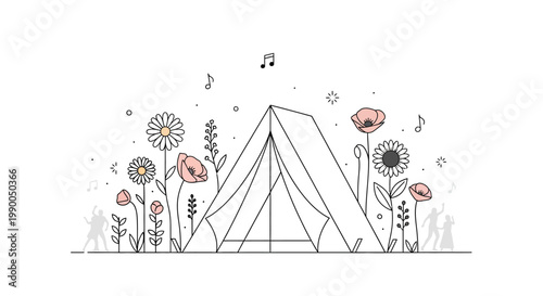 Summer Camp Adventure: Tent Surrounded by Flowers, Music Notes, and Dancing Figures