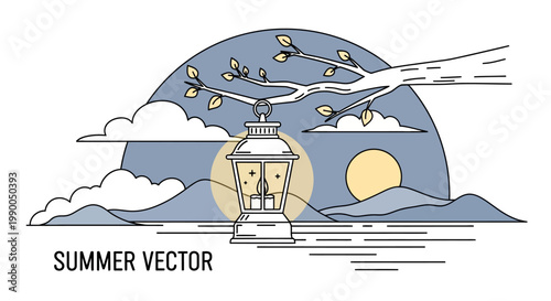 Summer Evening Lantern Scene Vector Illustration