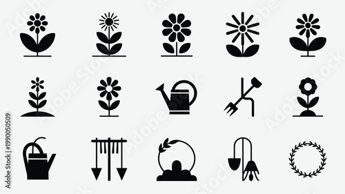 Vector illustration of gardening icons including flowers tools and watering cans in black on gray background