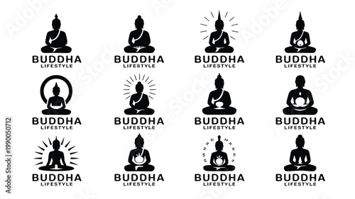 Collection of black buddha silhouettes with lifestyle text various meditation poses and symbols