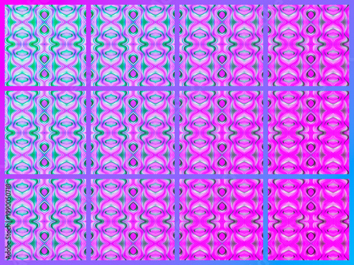 Colorful geometric patterns fill a grid with vibrant pink and teal hues each section displays swirling symmetrical abstract designs creating a visually dynamic composition
