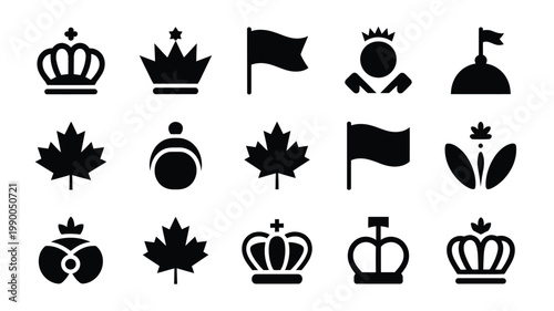 Victoria day icons featuring maple leaves crowns and flags on white background canada celebration symbols