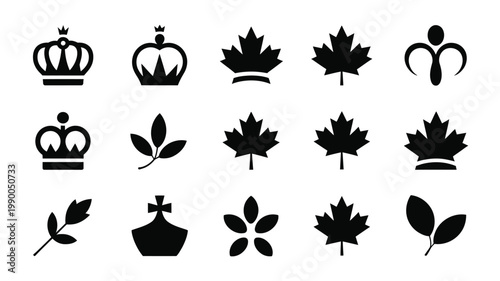 Victoria day silhouettes set black icons of crowns maple leaves and floral symbols on white background for canadian celebrations and royal events
