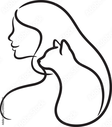 Woman and cat profile Continuous one line drawing. Pet shop logo. Abstract minimal style. one line art icon drawing vector