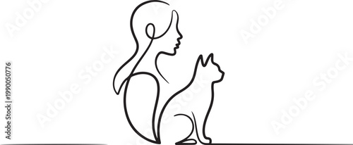 Woman and cat profile Continuous one line drawing. Pet shop logo. Abstract minimal style. one line art icon drawing vector