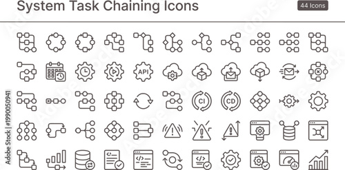 System task chaining icon set in modern outline style for workflow automation dashboard interface and process sequencing systems